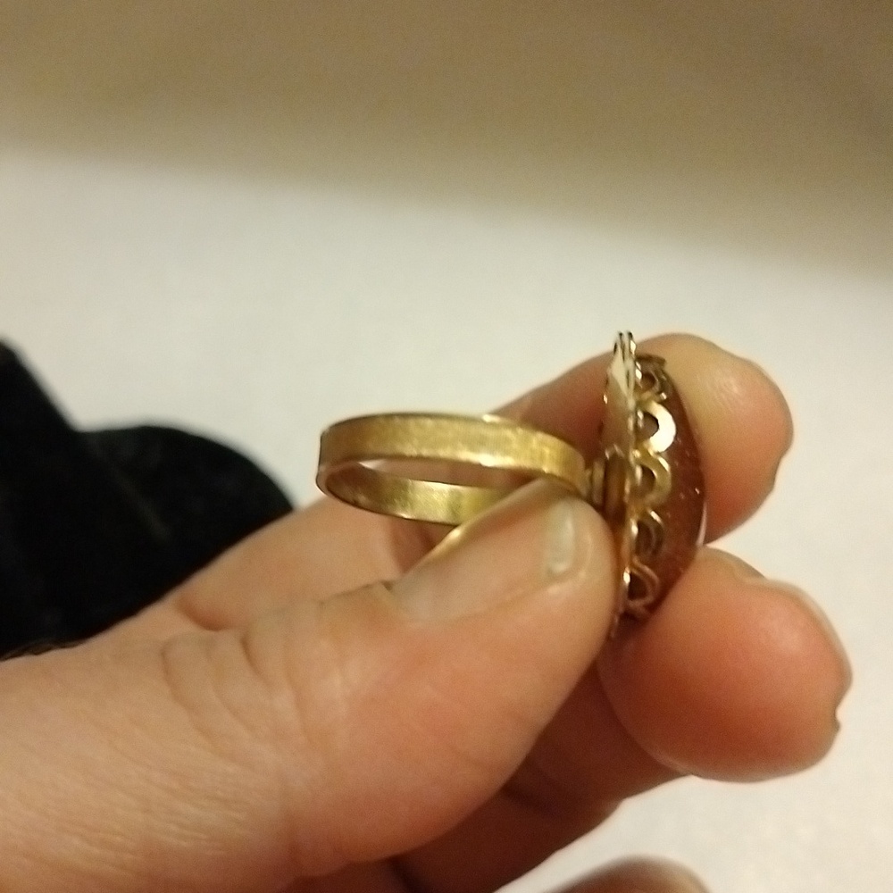 Vintage Czech Sand Stone Set In Gold Tone Filagree Adjustable Band Marked - Picture 9 of 12